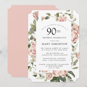 Dusty Pink Rose Floral 90th Birthday Party Invitat Invitation
