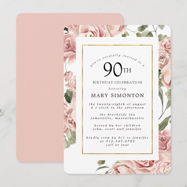 Dusty Pink Rose Floral 90th Gold Birthday Party Invitation (Front/Back)