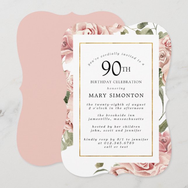 Dusty Pink Rose Floral 90th Gold Birthday Party Invitation (Front/Back)