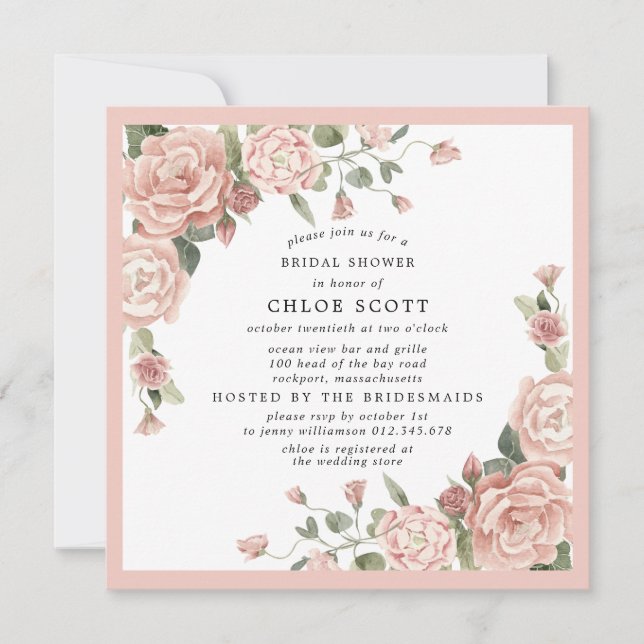 Dusty Pink Rose Floral Botanical Bridal Shower Invitation (Front)