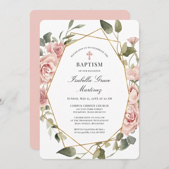 Dusty Pink Rose Floral Cross Baptism Invitation (Front/Back)