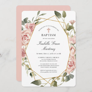 Dusty Pink Rose Floral Cross Baptism Invitation