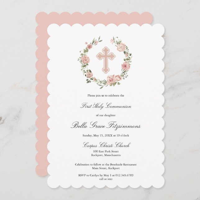 Dusty Pink Rose Floral Cross First Communion Invit Invitation (Front/Back)