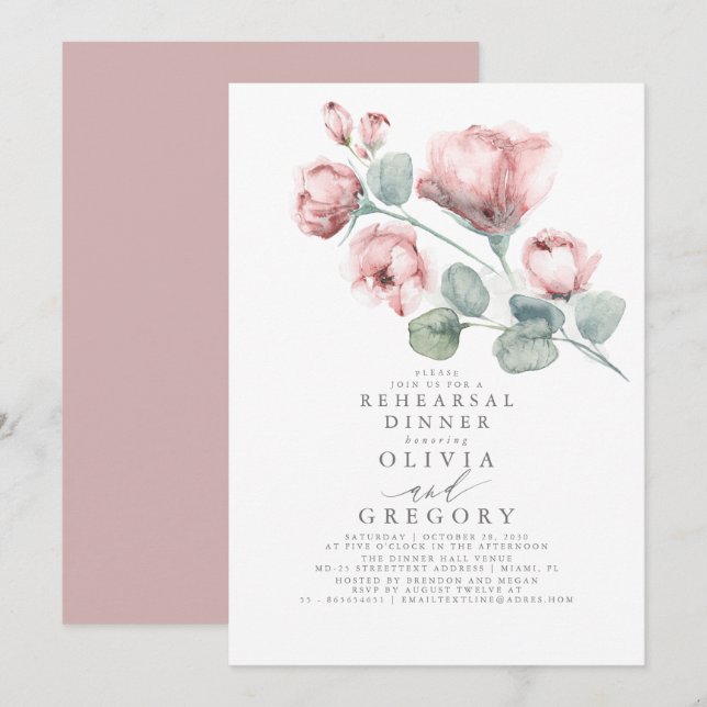 Dusty Pink Rose Floral Elegant Rehearsal Dinner Invitation (Front/Back)