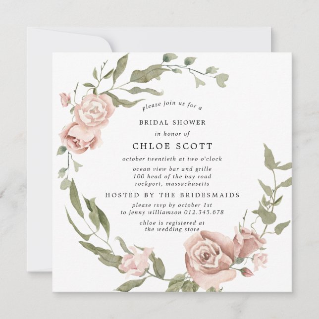 Dusty Pink Rose Floral Gold Bridal Shower Invitation (Front)