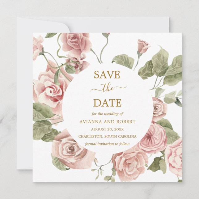 Dusty Pink Rose Floral Gold Save The Date (Front)