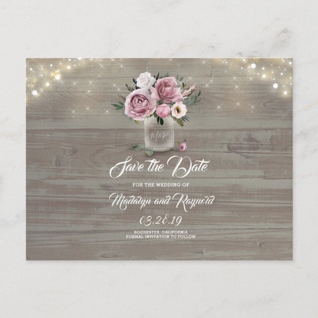 Dusty Pink Rose Floral Mason Jar Save the Date Announcement Postcard (Front)