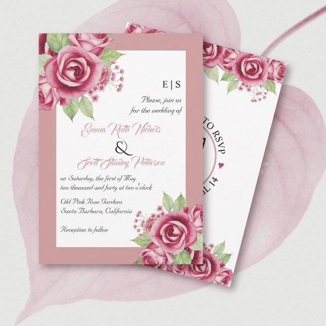 Dusty pink rose flowers, QR code floral wedding Invitation (Creator Uploaded)