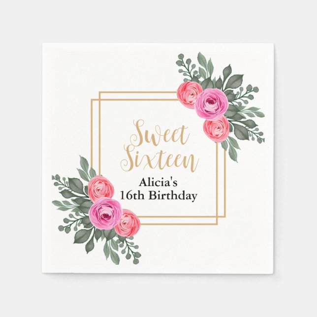 Dusty Pink Rose Greenery Botanical Gold Sweet 16 Napkin (Front)