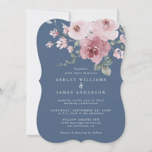 Dusty Pink Rose Moonlight Blue Wedding Invitation