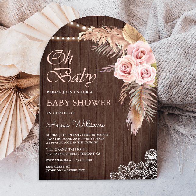 Dusty Pink Rose Pampas Grass Wood Arch Baby Shower Invitation (Creator Uploaded)