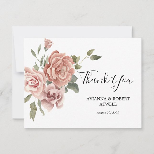 Dusty Pink Rose Pretty Writing Wedding Flat Thank You Card (Front)
