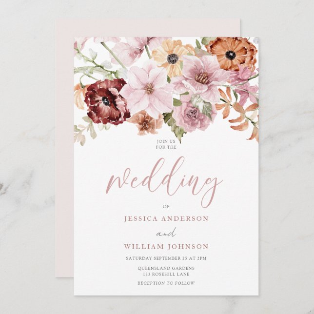 Dusty Pink Rose Watercolor Florals Wedding Invitation (Front/Back)
