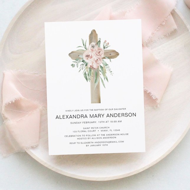 Dusty Pink Roses Cross Floral Baptism Invitation (Creator Uploaded)