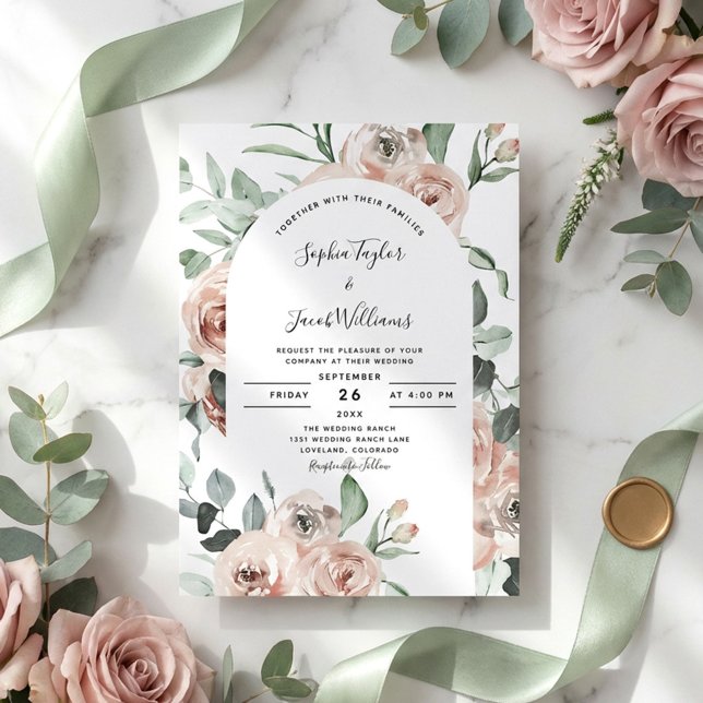 Dusty Pink Roses Floral Eucalyptus Wedding Invitation (Creator Uploaded)