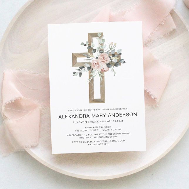 Dusty Pink Roses Gold Cross Floral Baptism Invitation (Creator Uploaded)