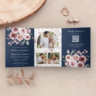 Dusty Pink Roses Navy Blue QR Code Wedding Tri-Fold Invitation