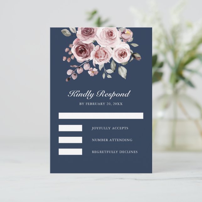 Dusty Pink Roses Navy Blue Wedding RSVP Card (Standing Front)