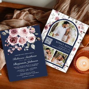Dusty Pink Roses Photo Navy Blue QR Code Wedding Invitation