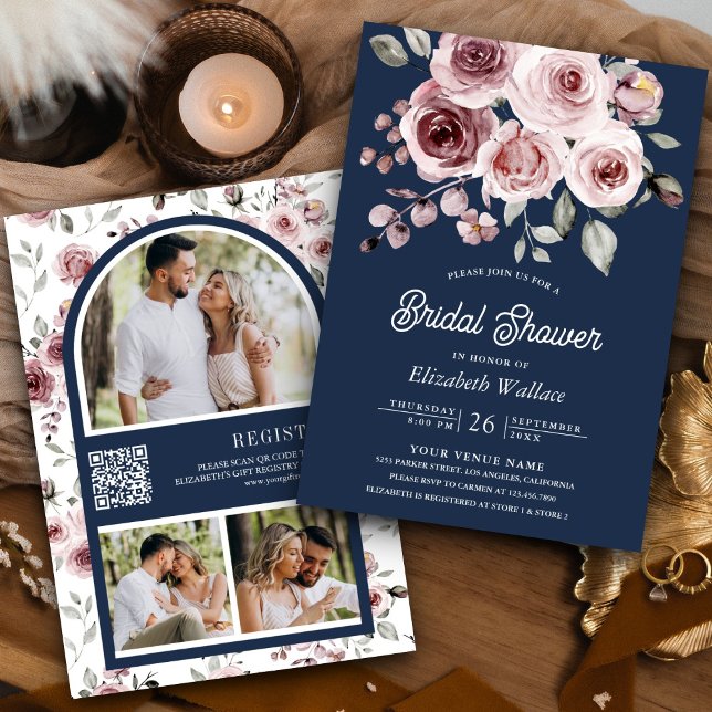 Dusty Pink Roses Photo QR Code Navy Bridal Shower Invitation (Creator Uploaded)