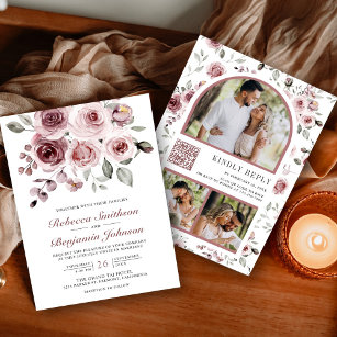 Dusty Pink Roses Photo QR Code Wedding Invitation