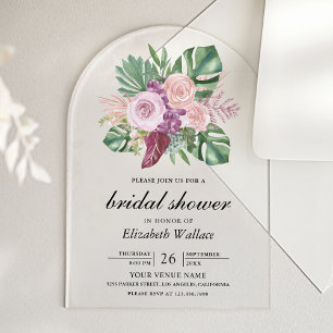 Dusty Pink Roses Tropical Monstera Bridal Shower Acrylic Invitations