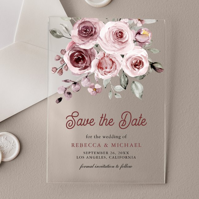 Dusty Pink Roses Wedding Save the Date Acrylic Invitations (Creator Uploaded)