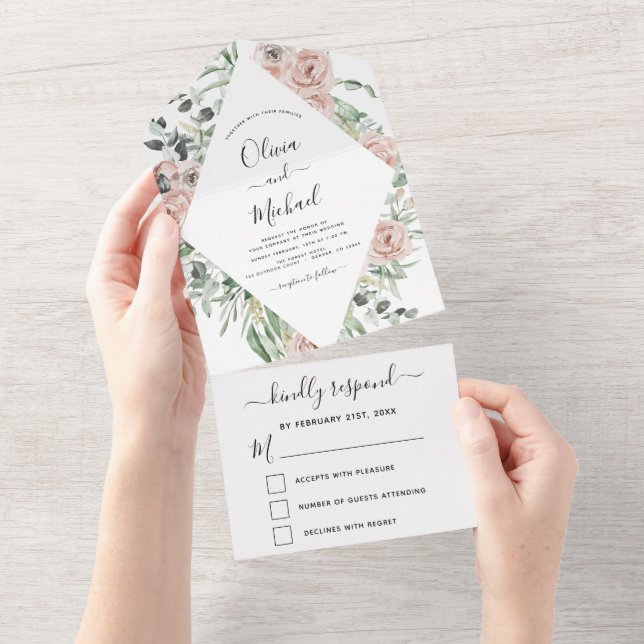 Dusty Pink - Sage Green Floral Wedding All In One Invitation (Tearaway)