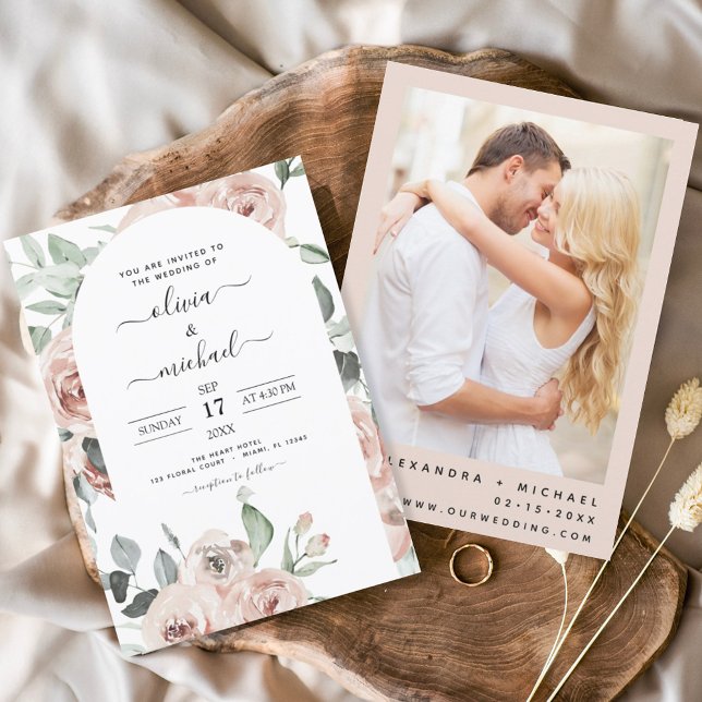 Dusty Pink Sage Green Photo Floral Wedding Invitation (Creator Uploaded)