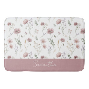 Dusty Pink Sage Green Watercolor Wildflower Bath Mat