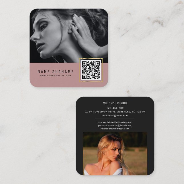 Dusty pink scannable barcode QR code photo Square Business Card (Front/Back)