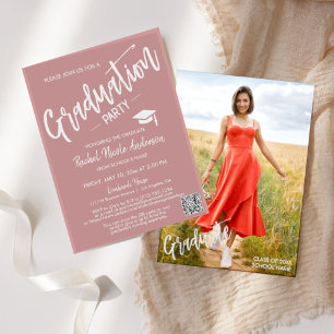 Dusty Pink Script QR Code Photo Graduation Party Invitation