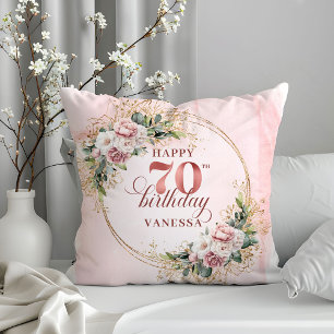 Dusty Pink Shimmering Floral Pillow 70th Birthday 