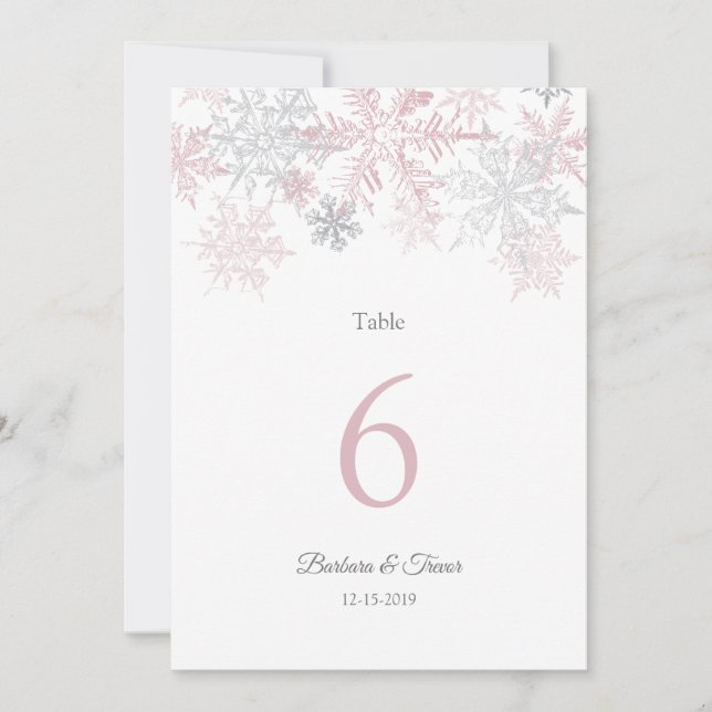 Dusty Pink & Silver Snowflake Winter Table Numbers (Front)