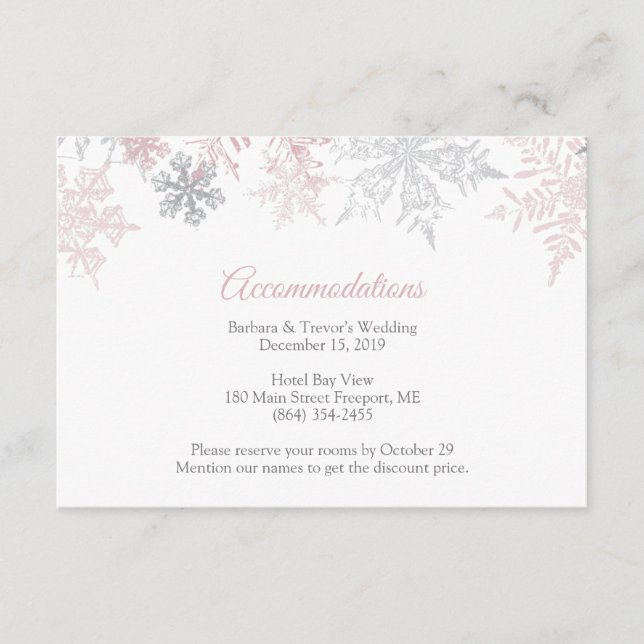Dusty Pink & Silver Snowflakes Accommodations Enclosure Card (Front)