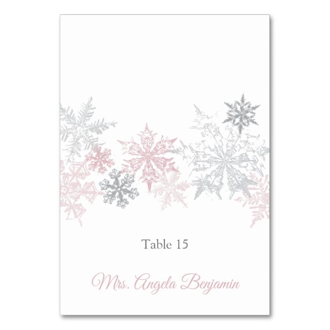 Dusty Pink & Silver Snowflakes Wedding Place Card (Front)