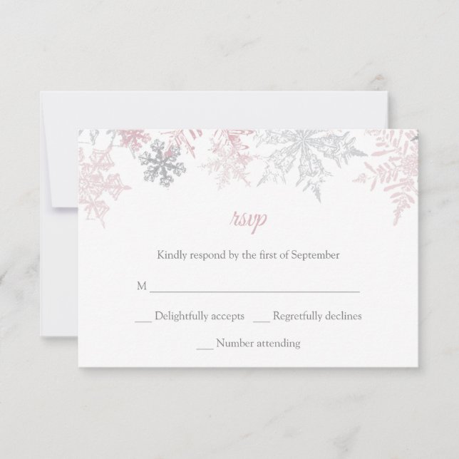 Dusty Pink & Silver Snowflakes Winter Wedding RSVP Card (Front)