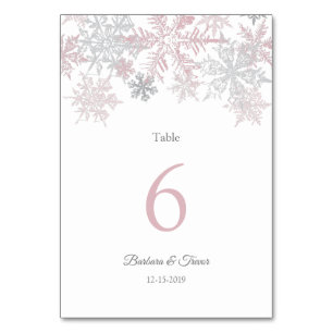 Dusty Pink & Silver Snowflakes Winter Wedding Table Number