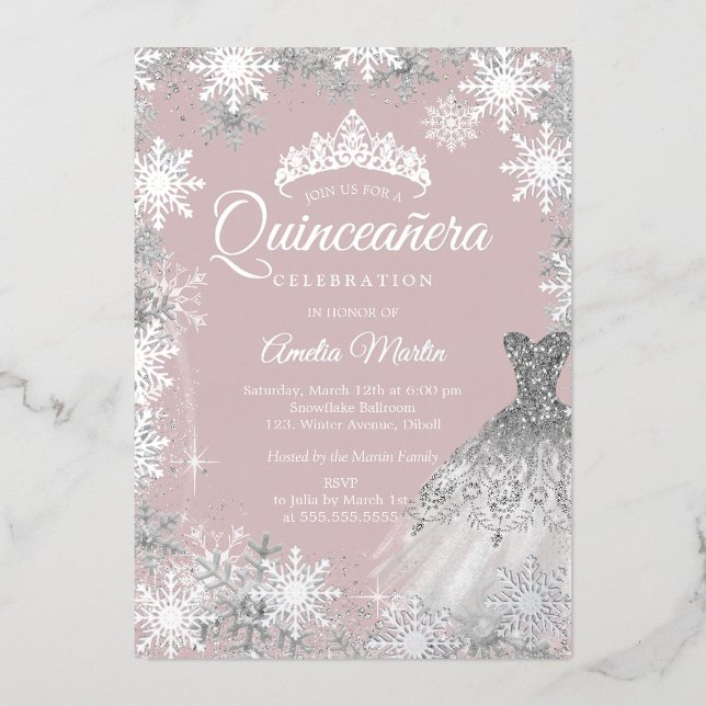 Dusty Pink Silver Winter Snowflake Quinceanera (Front)