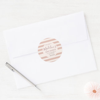 Dusty Pink Stripes Minimalist Baby Girl Shower Classic Round Sticker