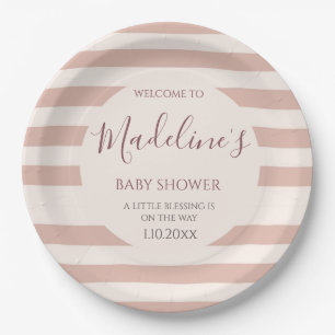 Dusty Pink Stripes Minimalist Baby Girl Shower Paper Plate