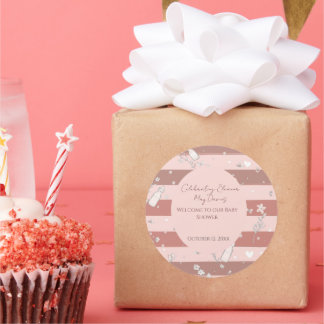 Dusty Pink Stripes Vintage Floral Baby Girl Shower Classic Round Sticker