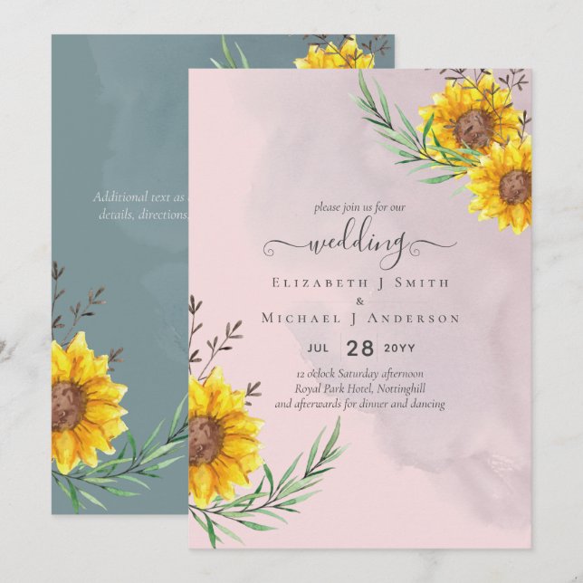 Dusty Pink Sunflowers Rustic Boho Wedding (Front/Back)