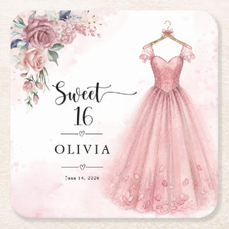 Dusty Pink Sweet 16 Floral Dress Paper Coaster