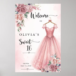 Dusty Pink Sweet 16 Floral Dress Welcome Poster