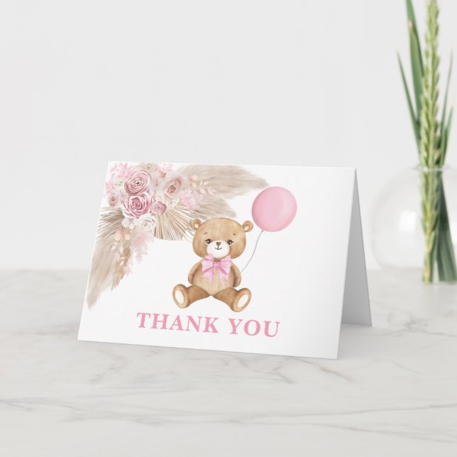 Dusty Pink Teddy Bear Balloon Baby Girl Folded Thank You Card (Front)