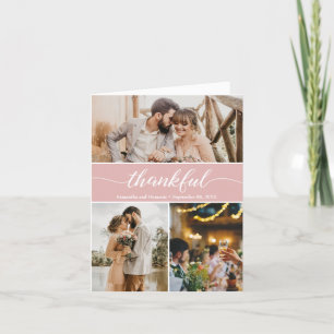 Dusty Pink Thankful Wedding Photo Collage Thank You Card