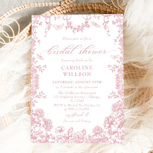 Dusty Pink Toile Floral Chinoiserie Bridal Shower Invitation