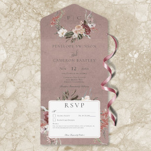 Dusty Pink Vintage Floral Wreath No Dinner  All In One Invitation