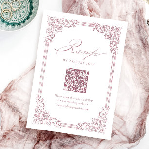 Dusty Pink Vintage Frame Elegant QR Code Wedding RSVP Card